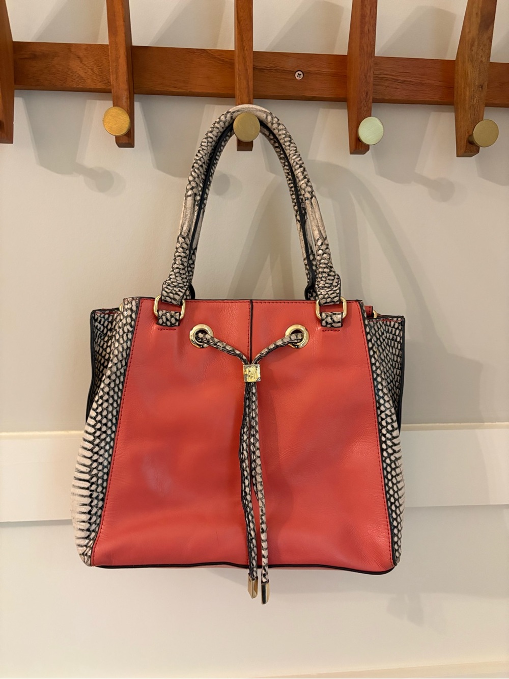 Coral Hand Bag with Snake-Print Trim